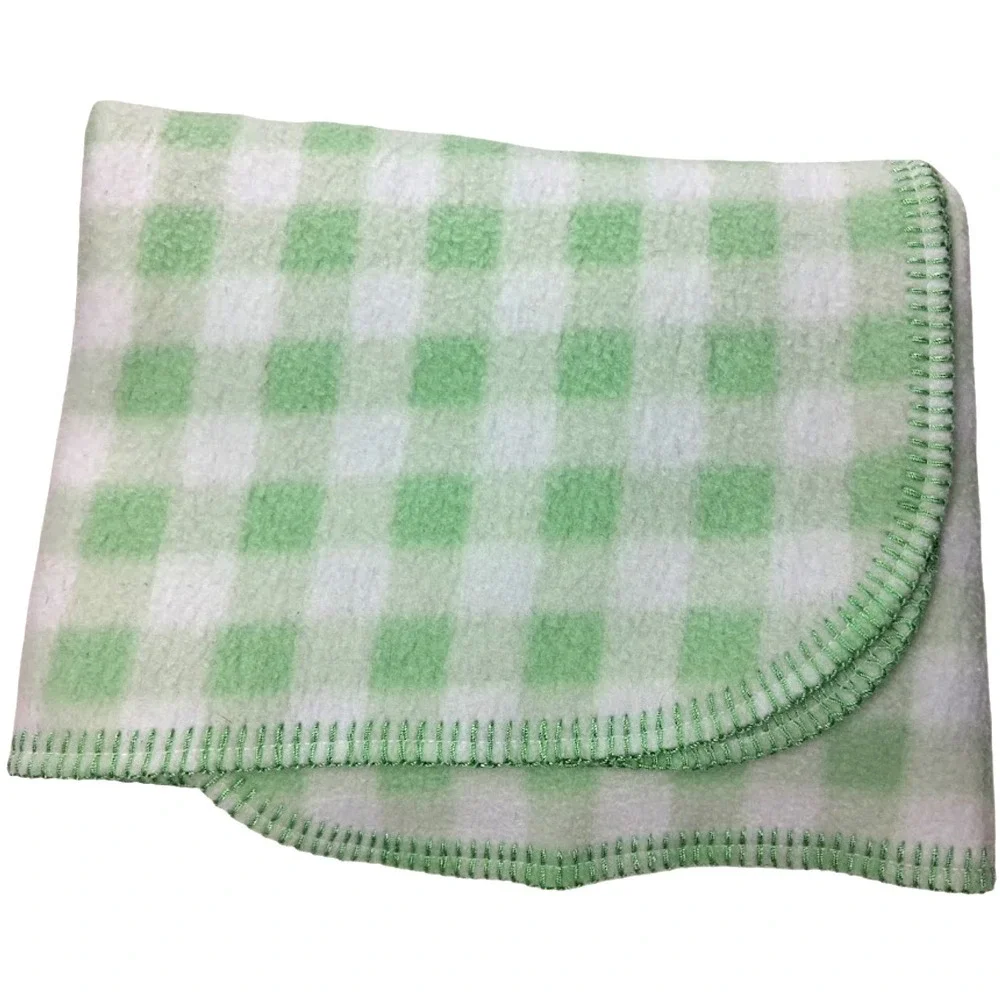 Vtg Simply Basic Green White‎ Plaid Baby Blanket Soft Fleece Stitched Edge Lovey